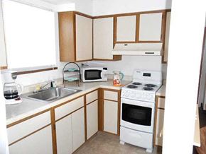 Sanborn apartment for rent - a small kitchen with a stove microwave and sink