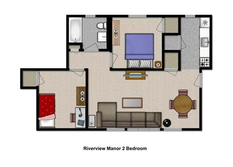 Floor plan for 2 beds, 1 bath, 625 sqft