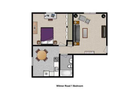 Floor plan for 1 bed, 1 bath, 684 sqft