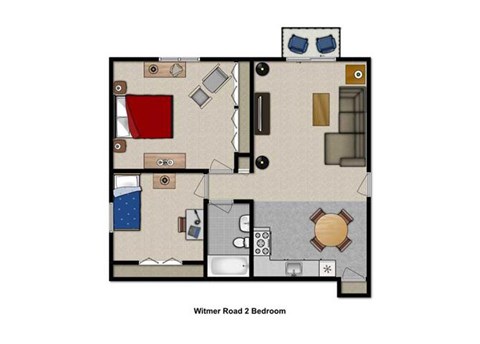 Floor plan for 2 beds, 1 bath, 848 sqft