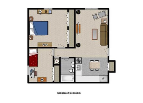 Floor plan for 2 beds, 1 bath, 768 sqft