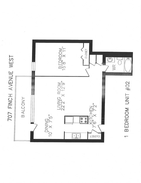 Floor plan for 1 bed, 1 bath, 532 sqft