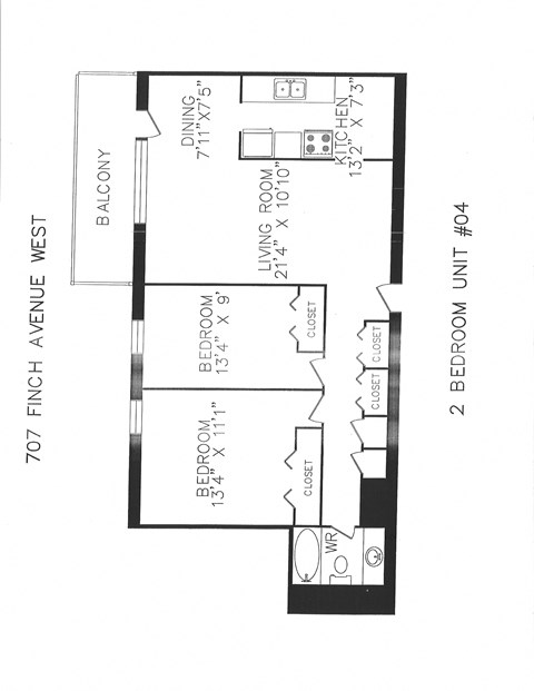 Floor plan for 2 beds, 1 bath, 798 sqft