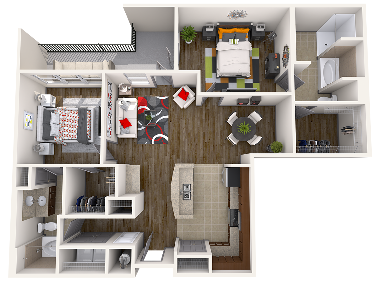 Floor plan for 2 beds, 2 baths, 1185 sqft