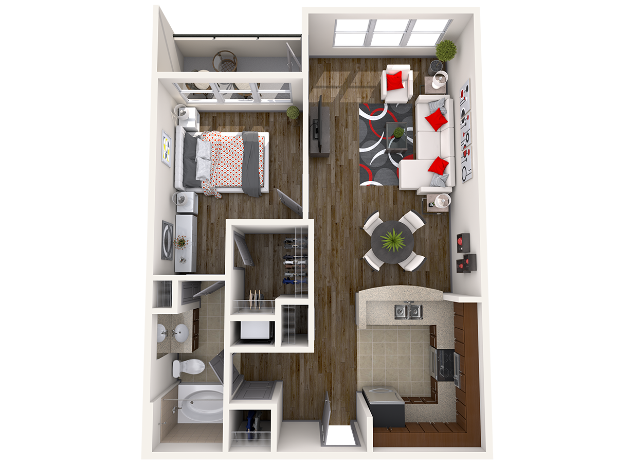 Floor plan for 1 bed, 1 bath, 735 sqft