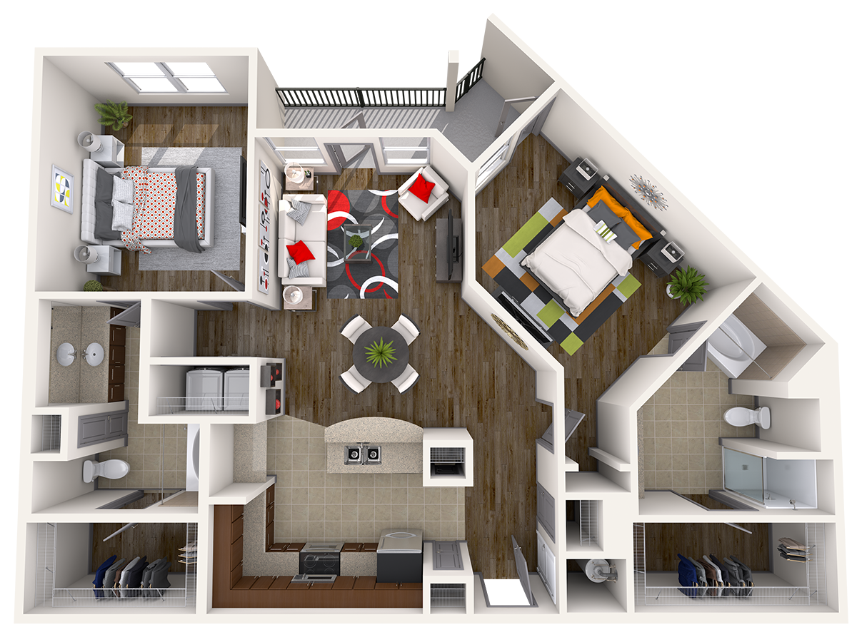 Floor plan for 2 beds, 2 baths, 1205 sqft