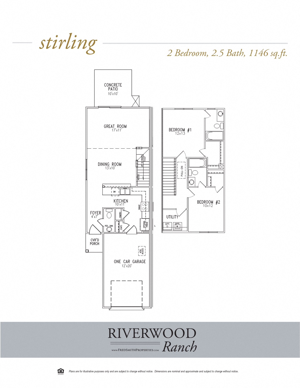 Floor plan for 2 beds, 2.5 baths, 1146 sqft