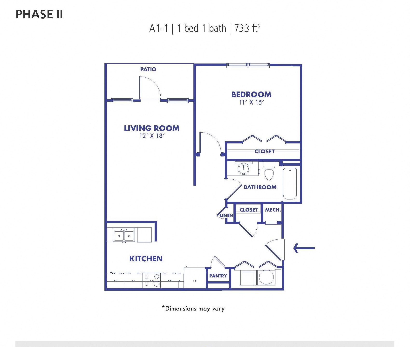 Floor plan for 1 bed, 1 bath, 733 sqft