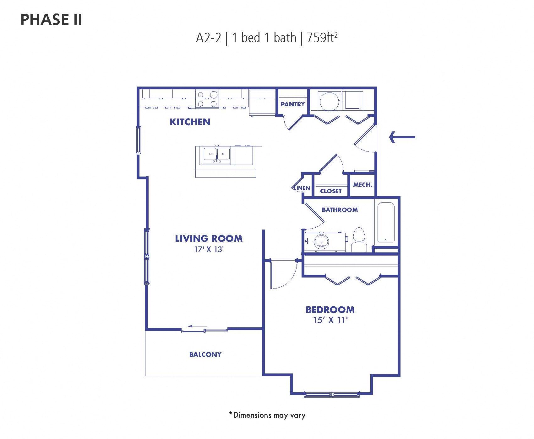 Floor plan for 1 bed, 1 bath, 759 sqft