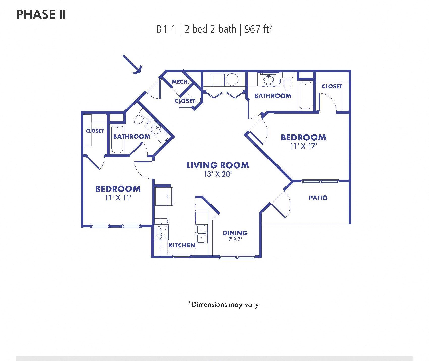 Floor plan for 2 beds, 2 baths, 967 sqft