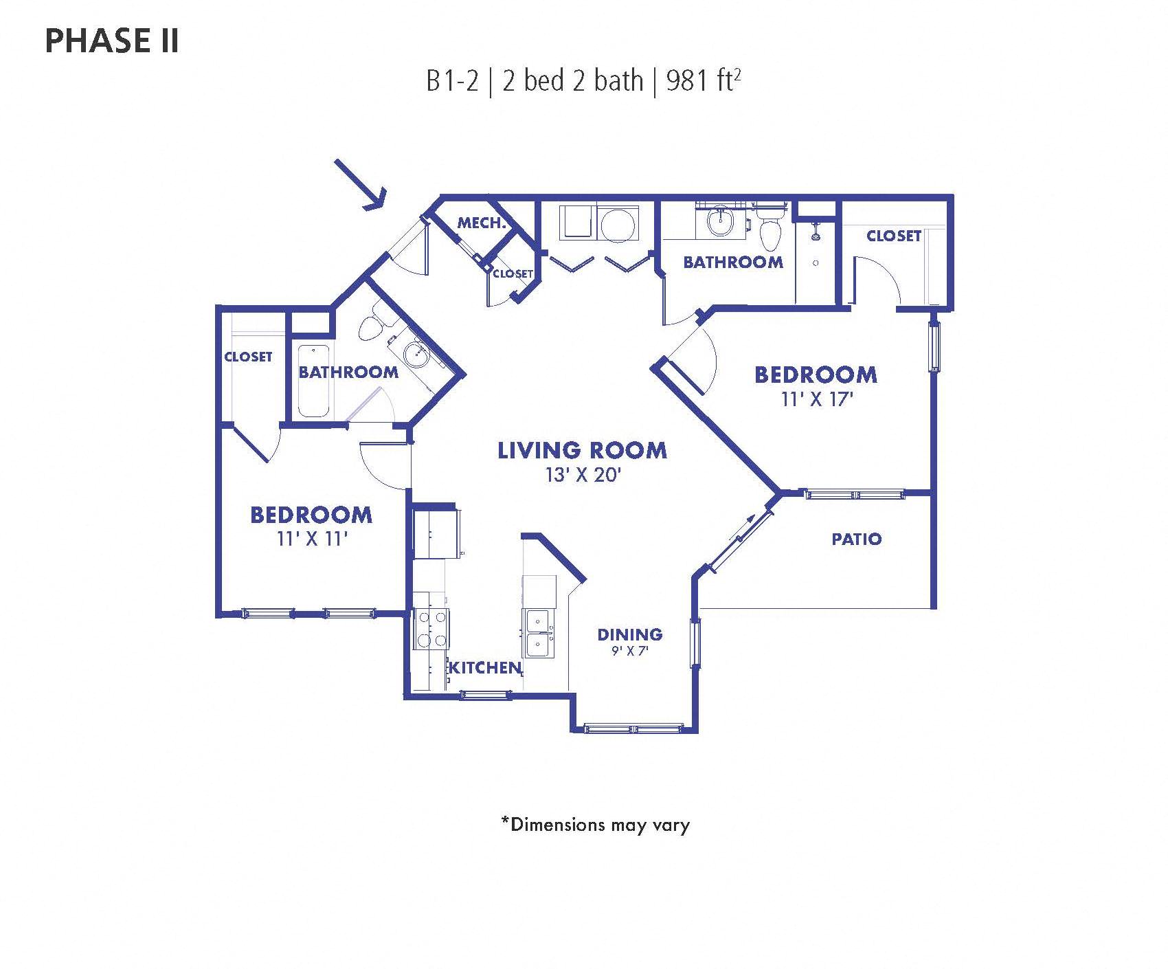 Floor plan for 2 beds, 2 baths, 981 sqft