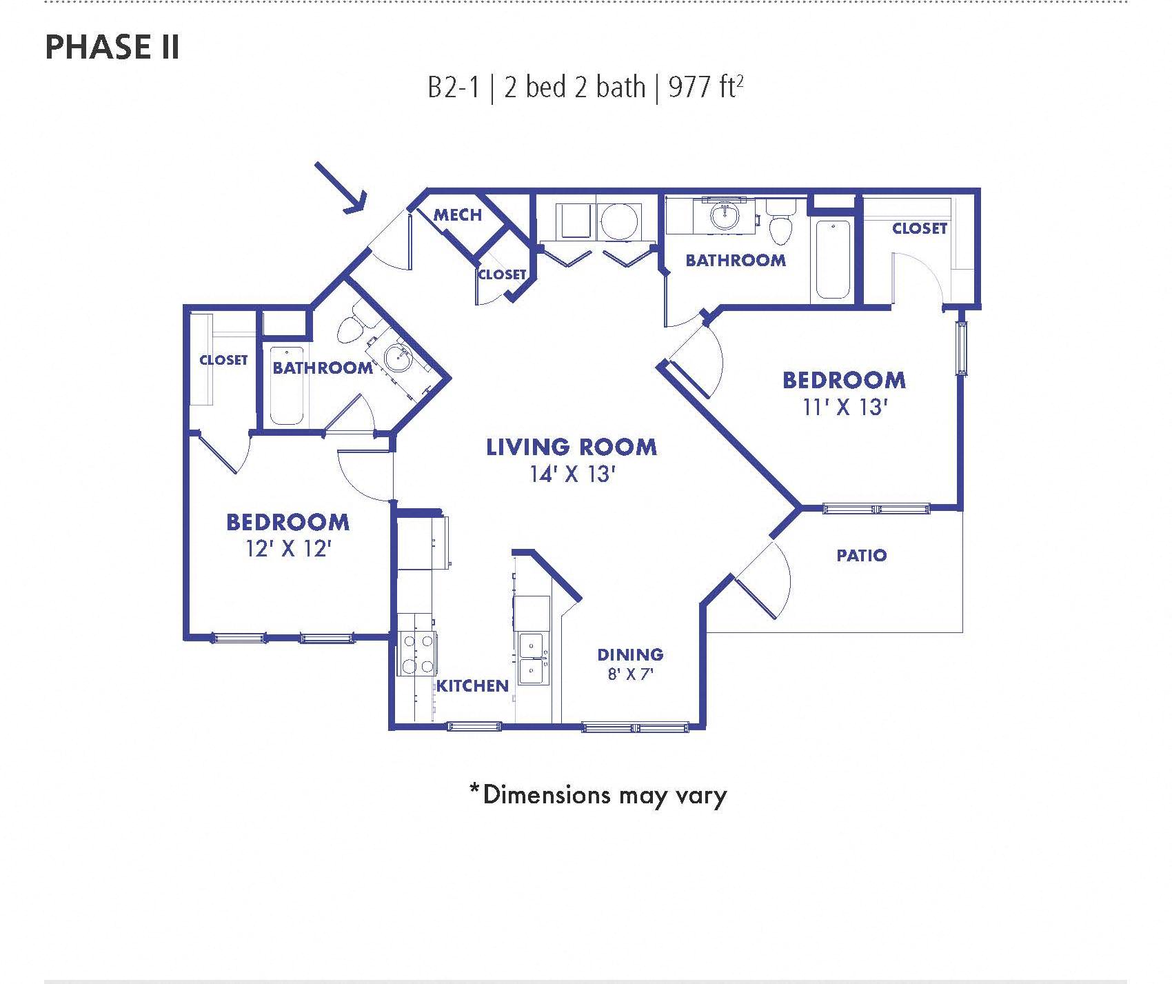 Floor plan for 2 beds, 2 baths, 977 sqft