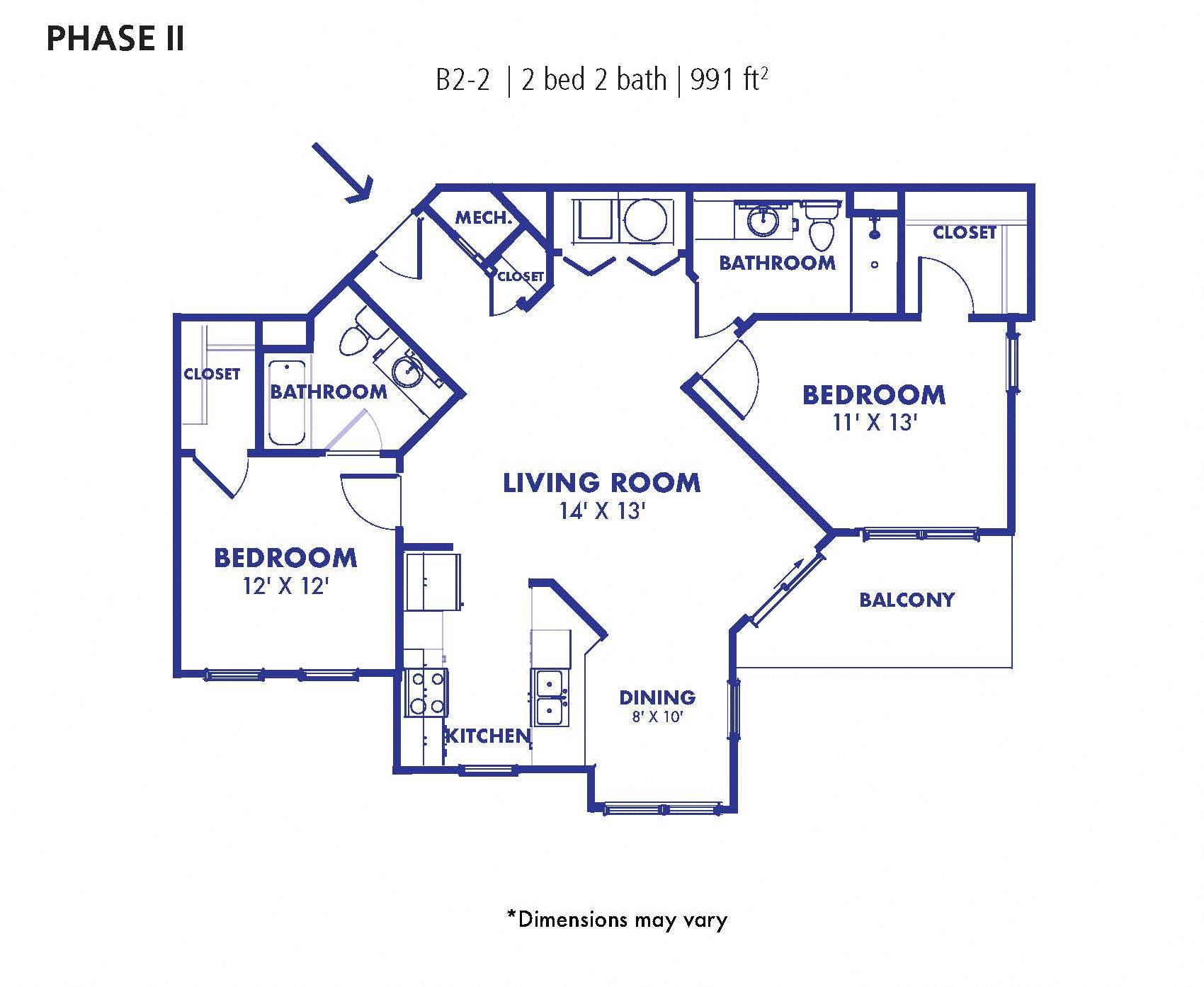 Floor plan for 2 beds, 2 baths, 991 sqft