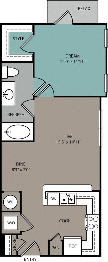 Floor plan for 1 bed, 1 bath, 683 sqft