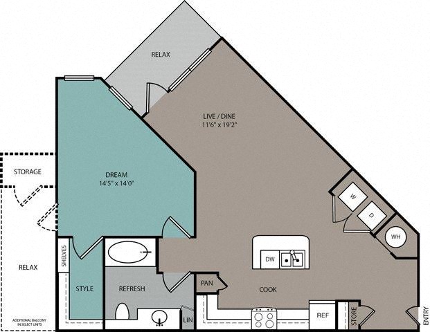 Floor plan for 1 bed, 1 bath, 791 sqft