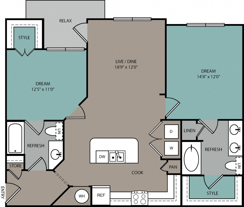 Floor plan for 2 beds, 2 baths, 1092 sqft
