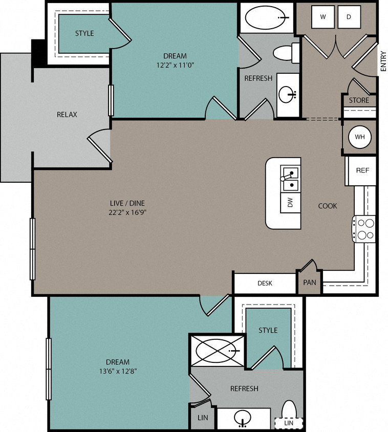 Floor plan for 2 beds, 2 baths, 1204 sqft