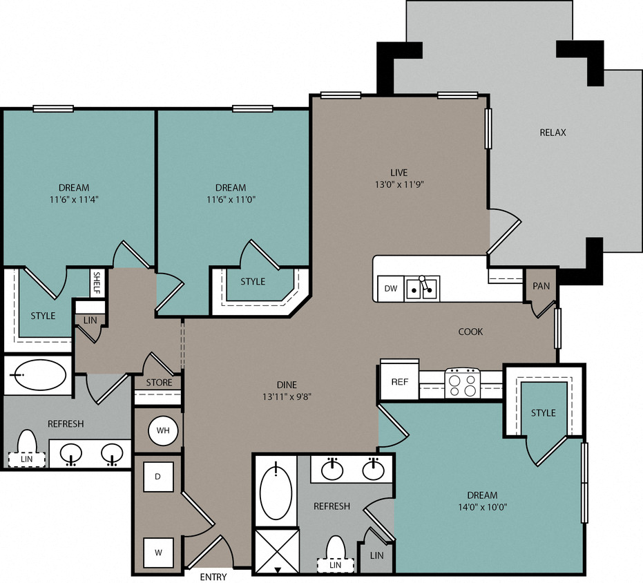 Floor plan for 3 beds, 2 baths, 1363 sqft