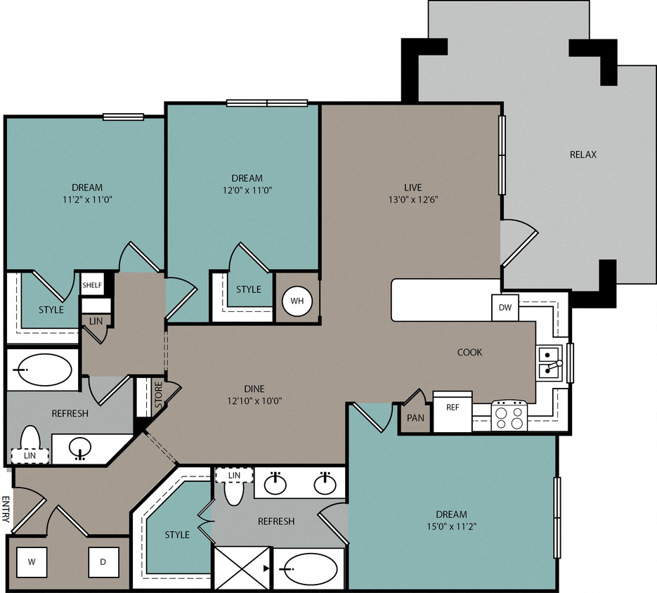 Floor plan for 3 beds, 2 baths, 1402 sqft