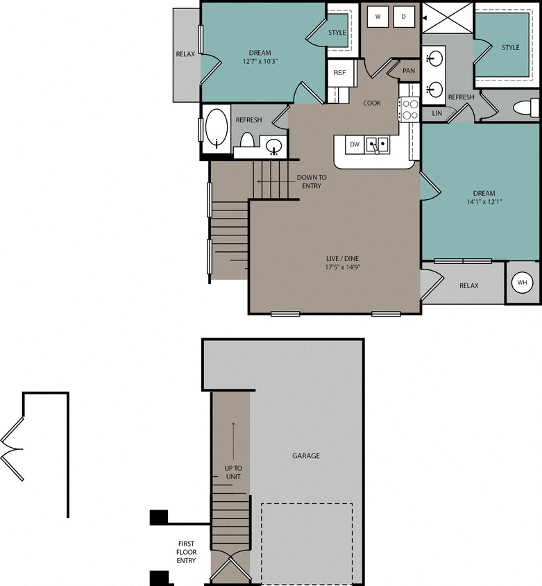 Floor plan for 2 beds, 2 baths, 1104 sqft