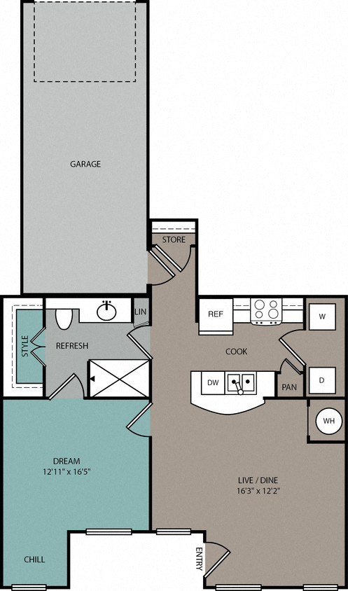 Floor plan for 1 bed, 1 bath, 771 sqft