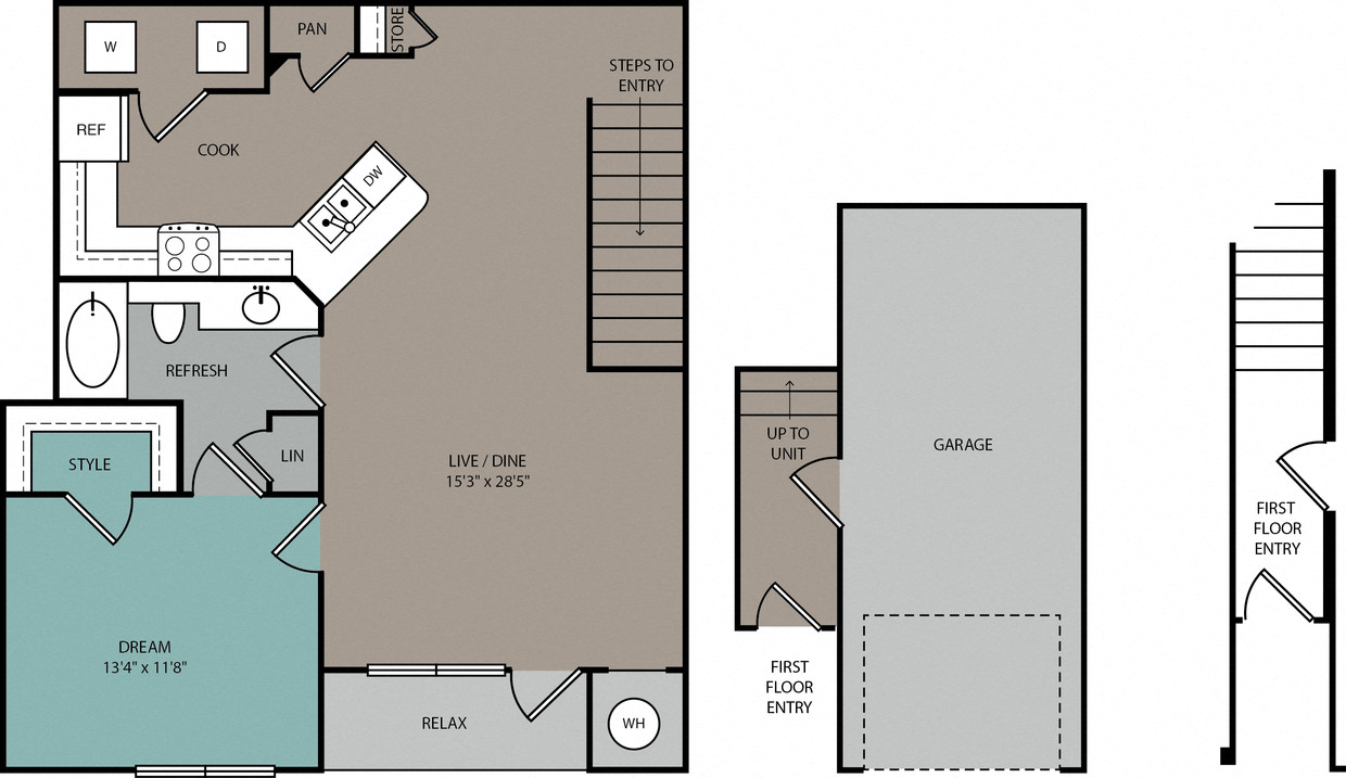 Floor plan for 1 bed, 1 bath, 955 sqft