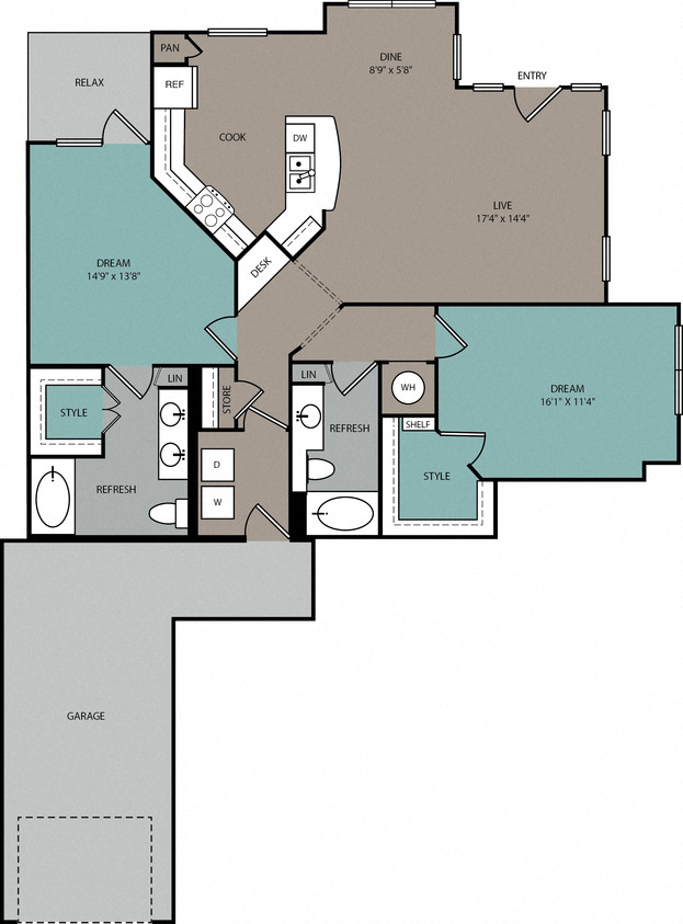 Floor plan for 2 beds, 2 baths, 1302 sqft