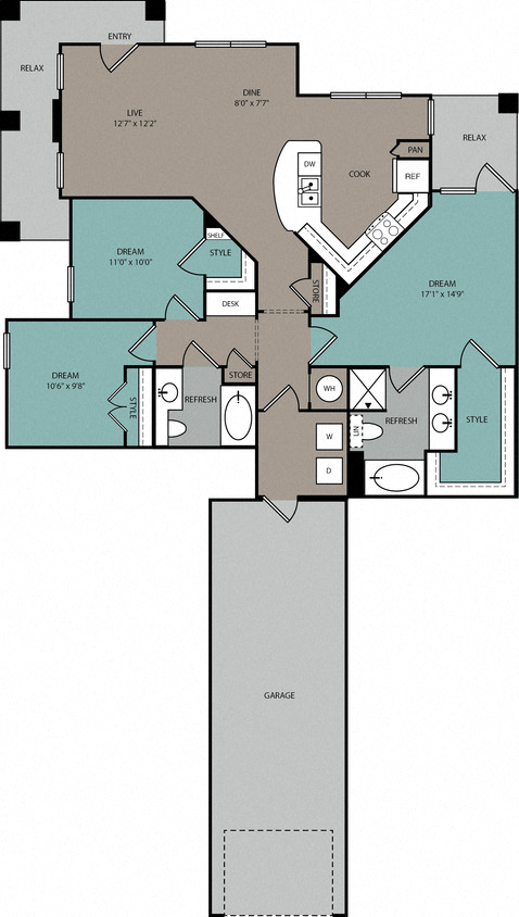 Floor plan for 3 beds, 2 baths, 1356 sqft