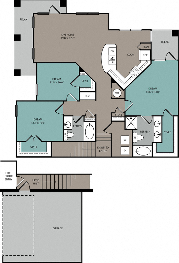 Floor plan for 3 beds, 2 baths, 1446 sqft