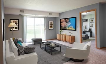 Rochester apartment for rent - A living room with a white sofa, a black coffee table, and a large painting on the wall.