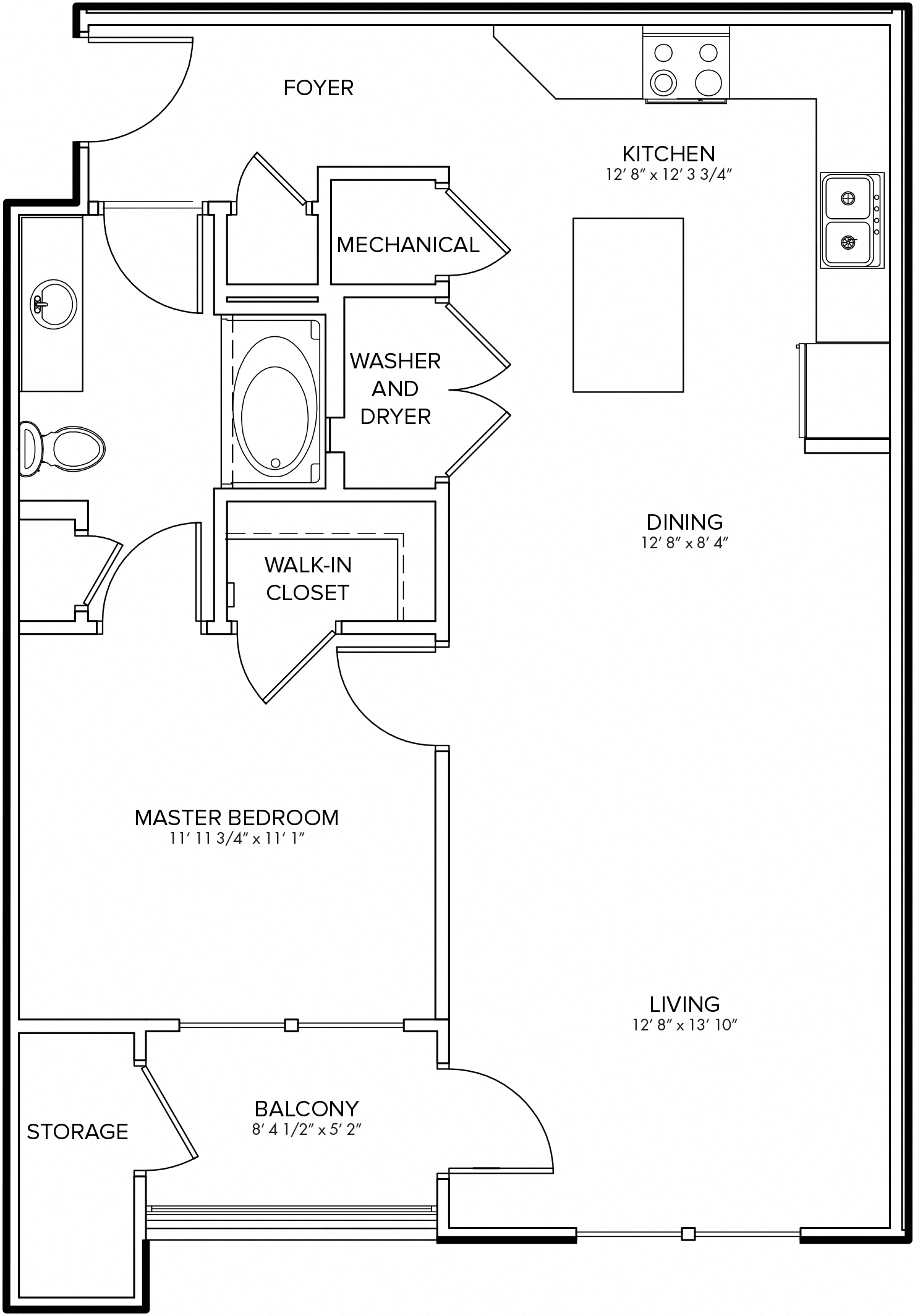Floor plan for 1 bed, 1 bath, 829 sqft