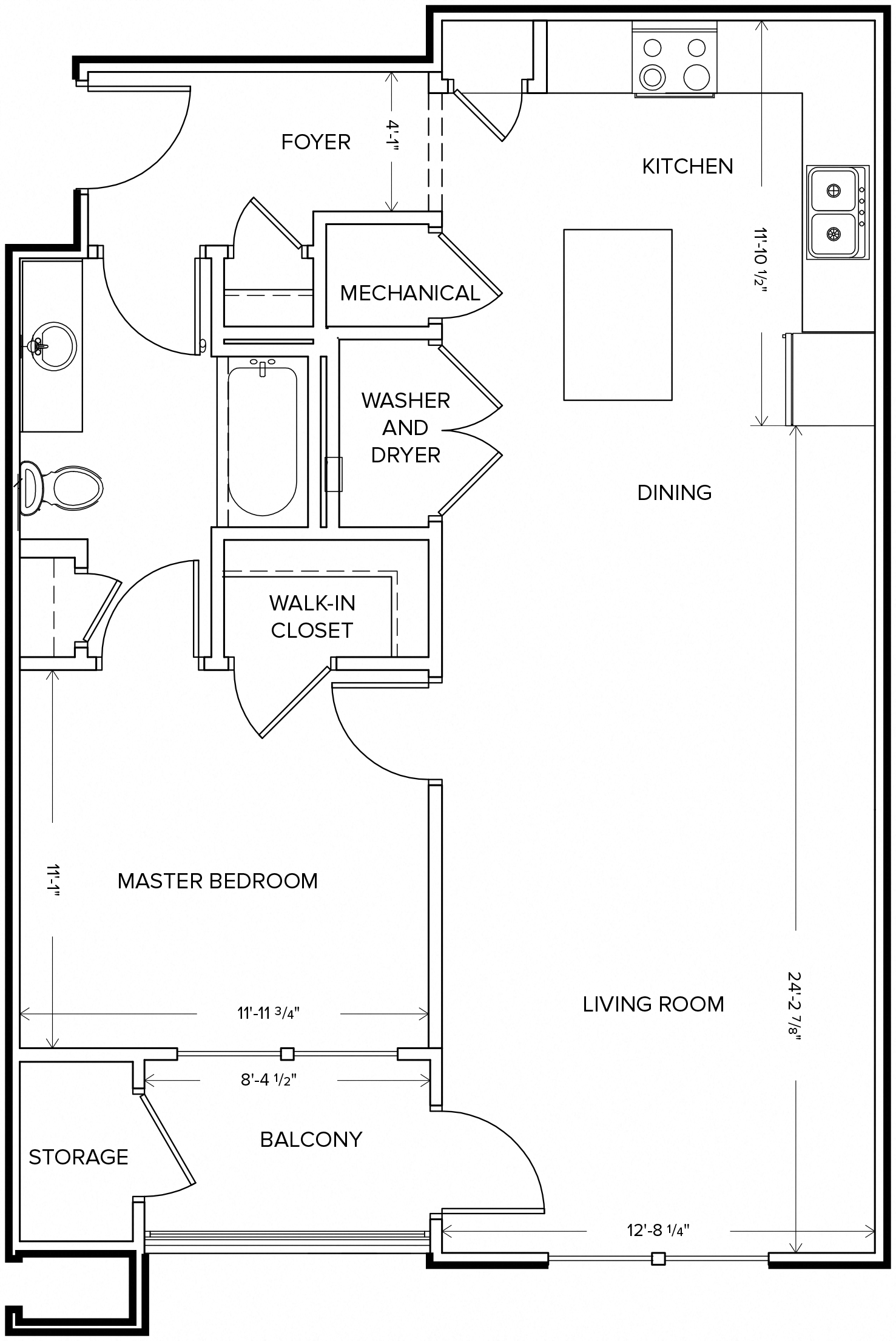 Floor plan for 1 bed, 1 bath, 844 sqft
