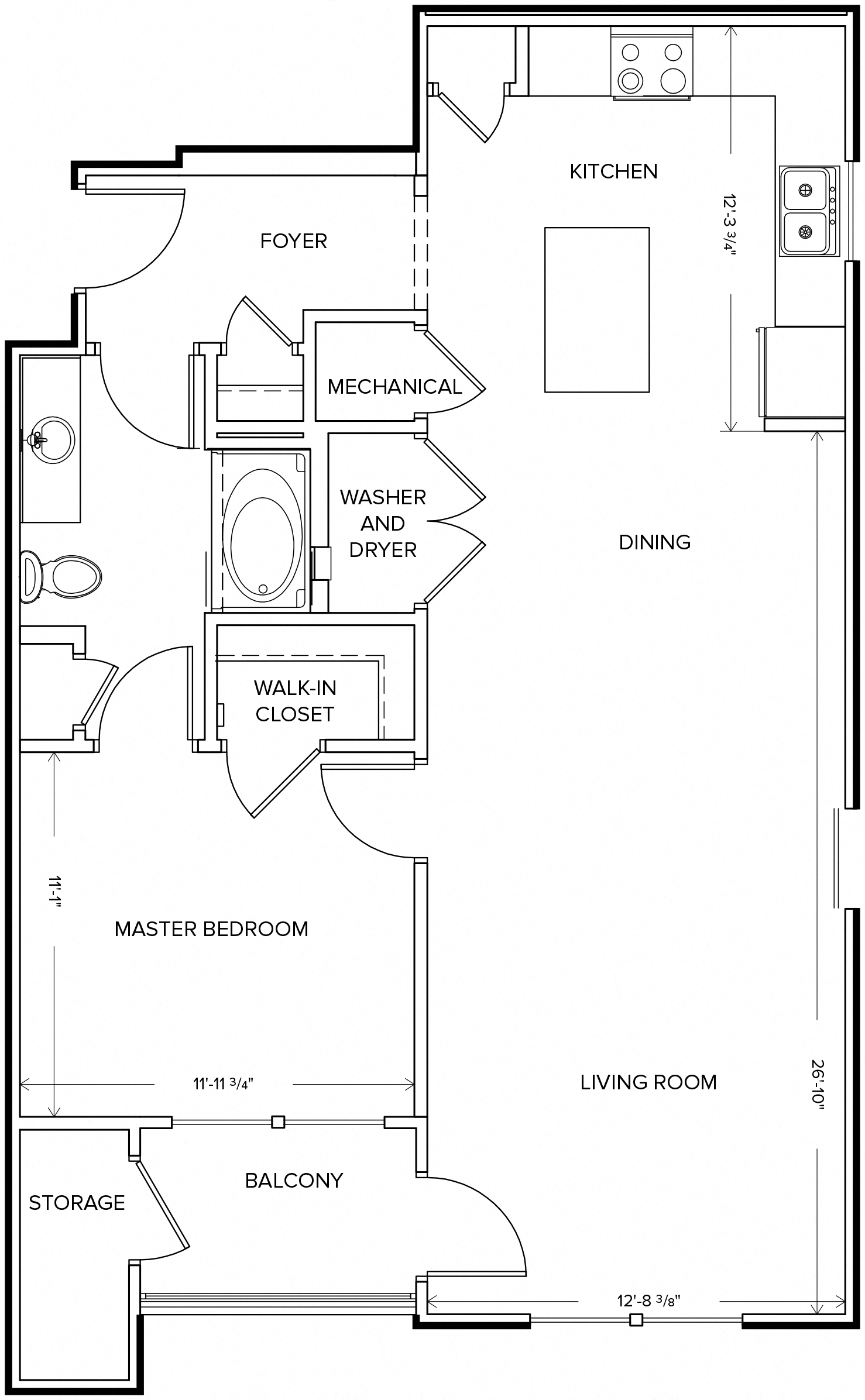 Floor plan for 1 bed, 1 bath, 883 sqft