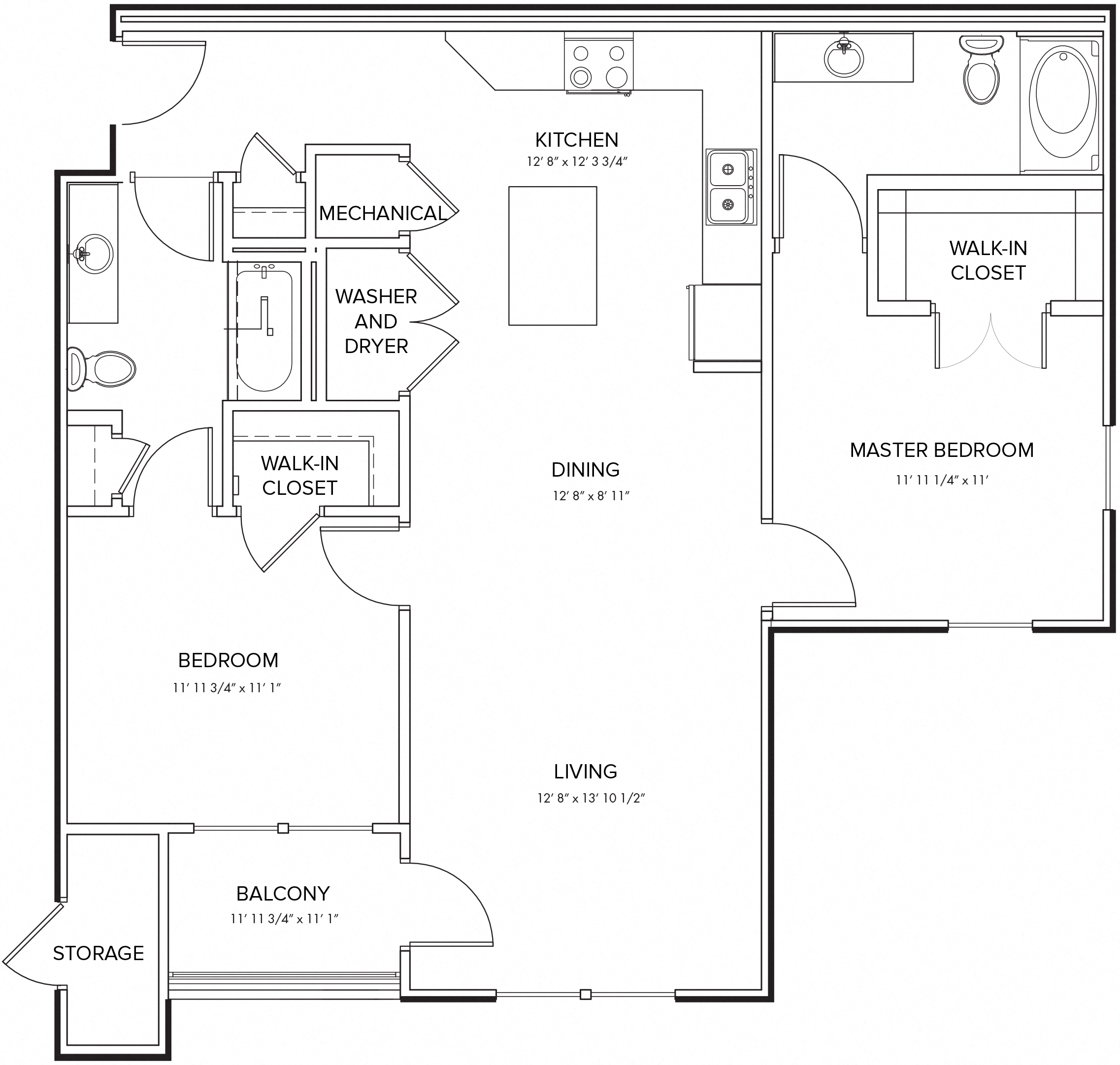 Floor plan for 2 beds, 2 baths, 1117 sqft