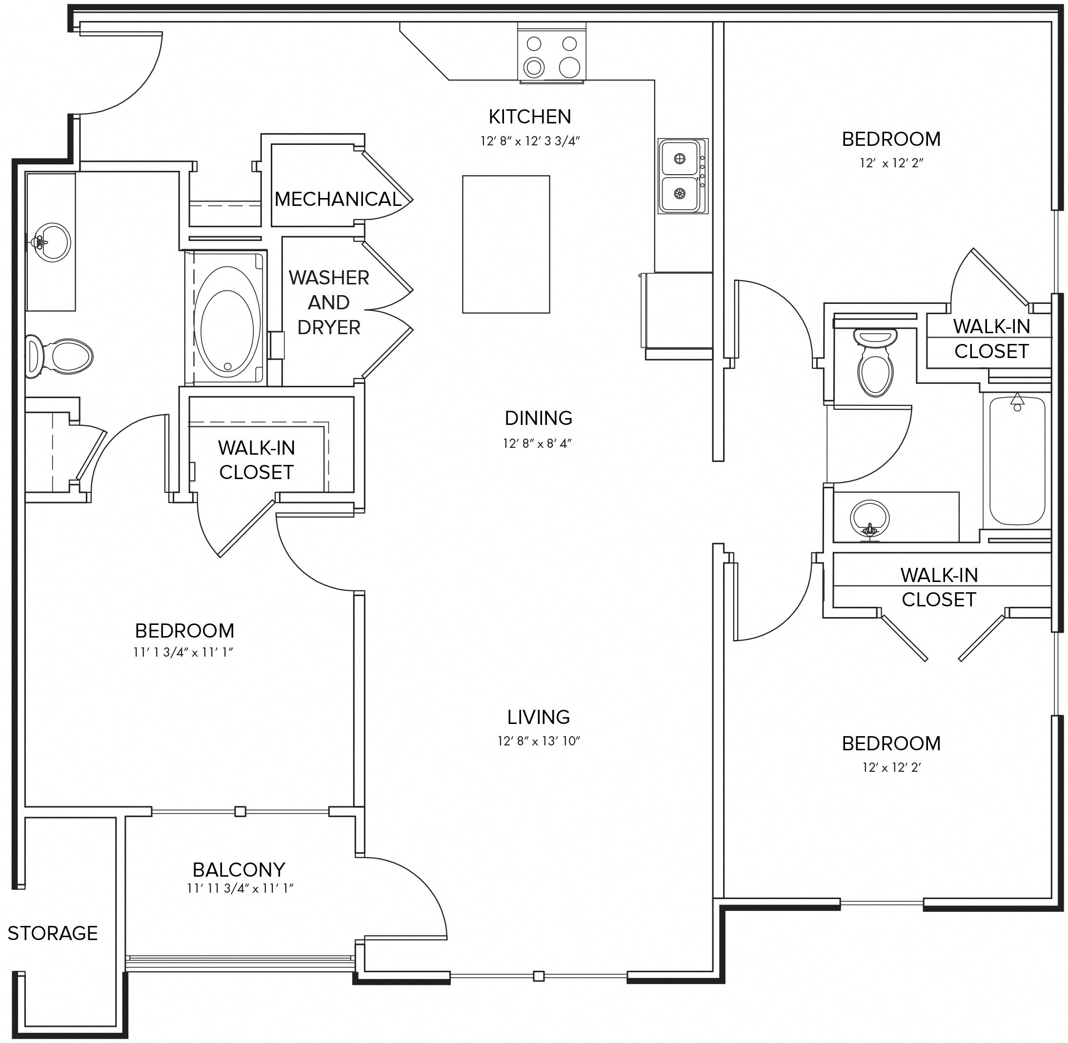 Floor plan for 3 beds, 2 baths, 1229 sqft
