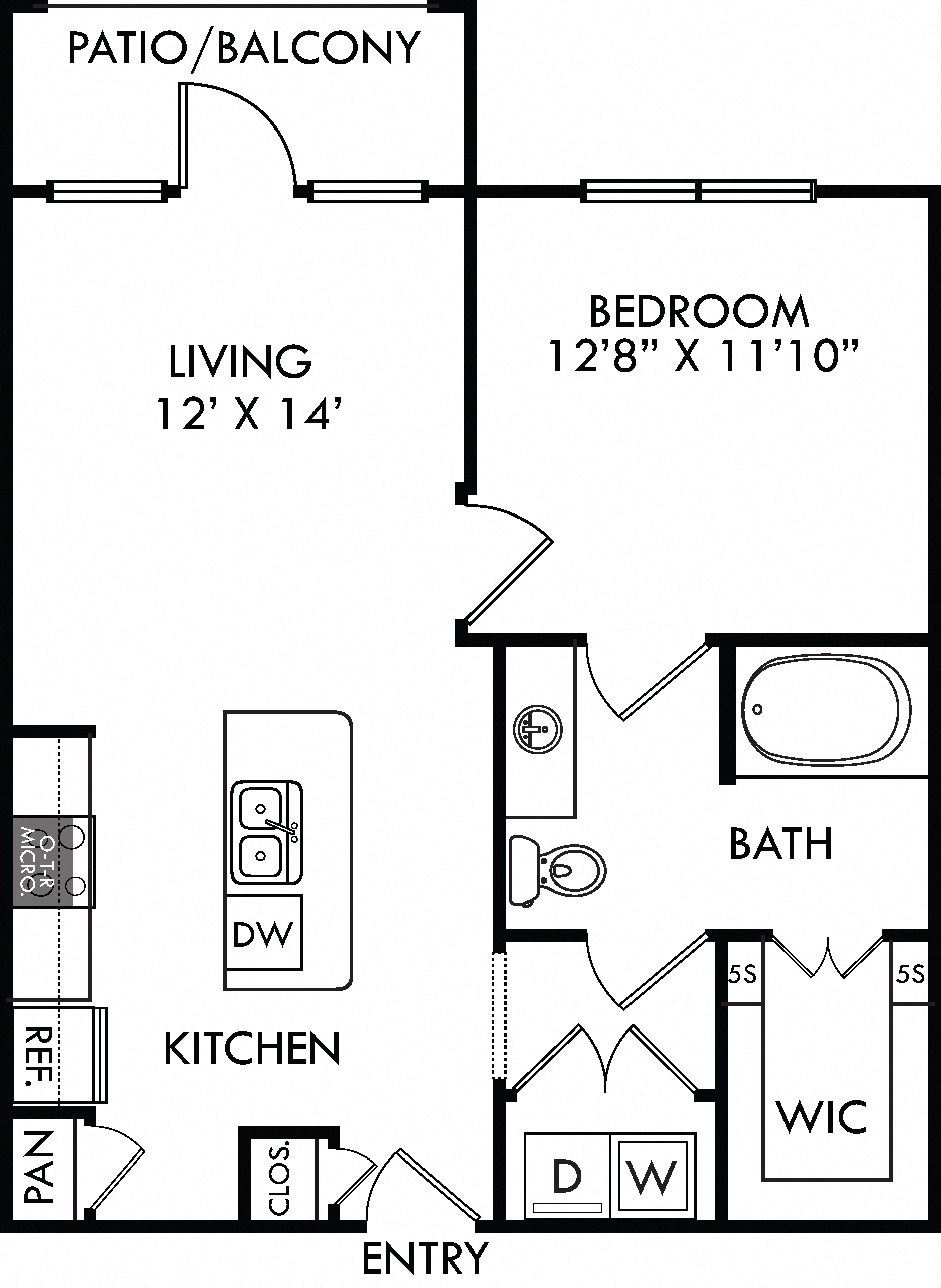 Floor plan for 1 bed, 1 bath, 693 sqft
