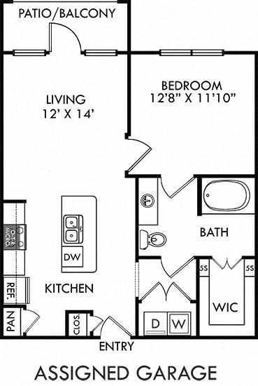 Floor plan for 1 bed, 1 bath, 693 sqft