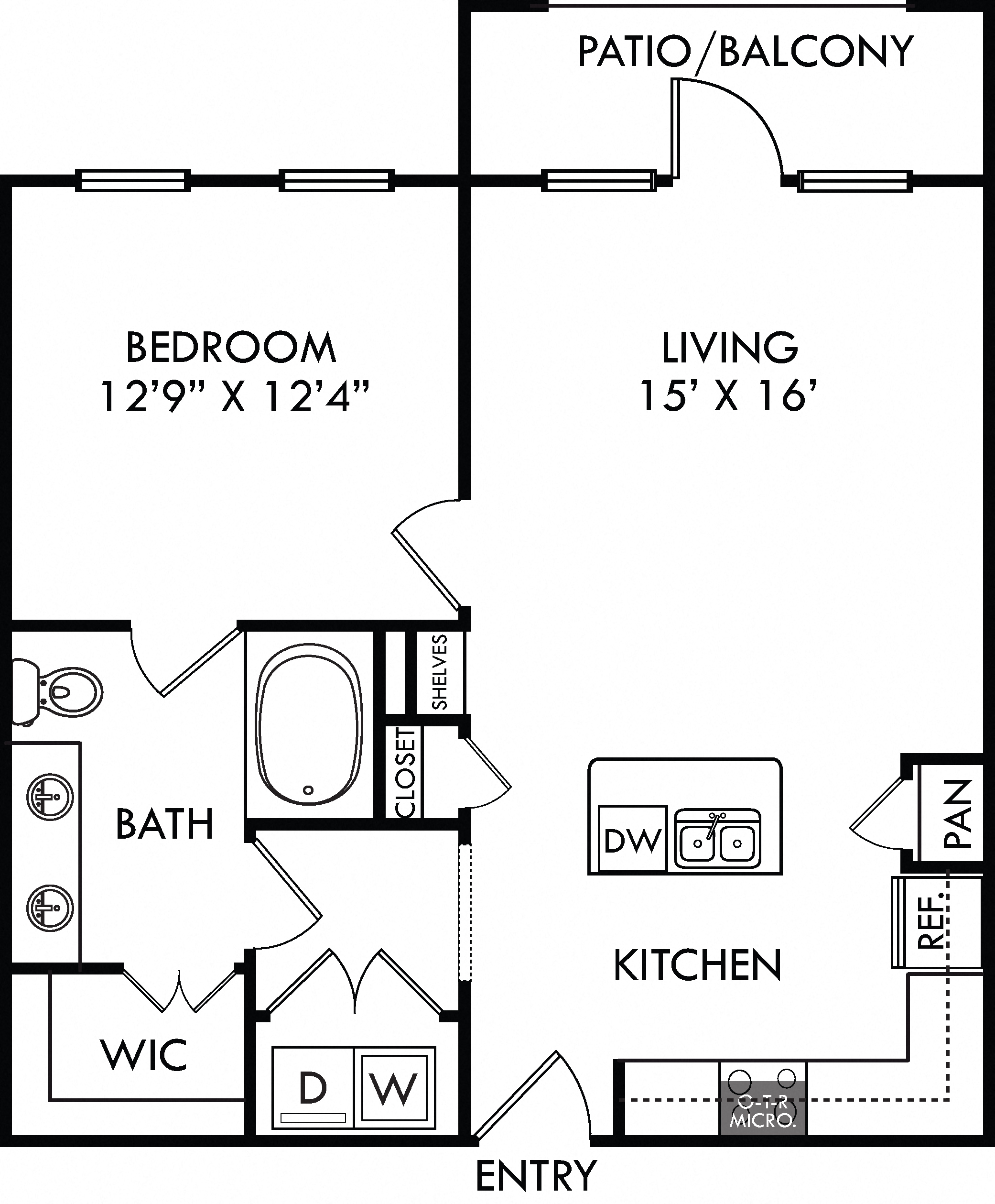 Floor plan for 1 bed, 1 bath, 751 sqft