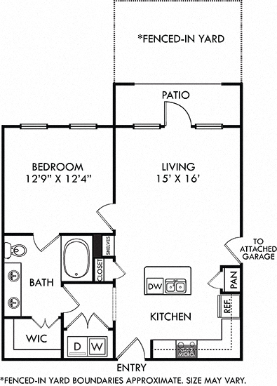 Floor plan for 1 bed, 1 bath, 751 sqft