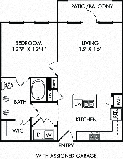 Floor plan for 1 bed, 1 bath, 751 sqft