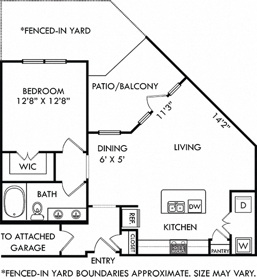 Floor plan for 1 bed, 1 bath, 808 sqft