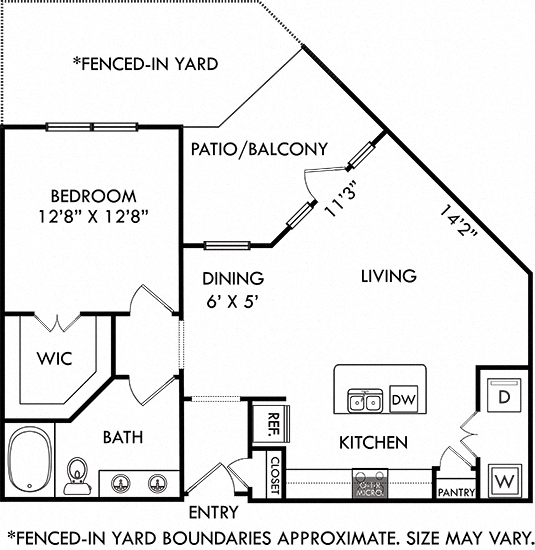 Floor plan for 1 bed, 1 bath, 848 sqft