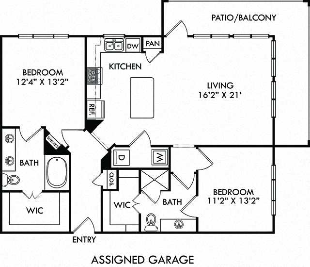 Floor plan for 2 beds, 2 baths, 1155 sqft