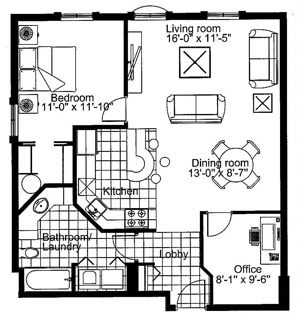 Floor plan for 1 bed, 1 bath, 796 sqft