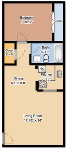 Floor plan for 1 bed, 1 bath, 600 sqft