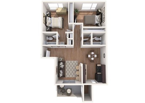 Floor plan for 2 beds, 2 baths, 864 sqft