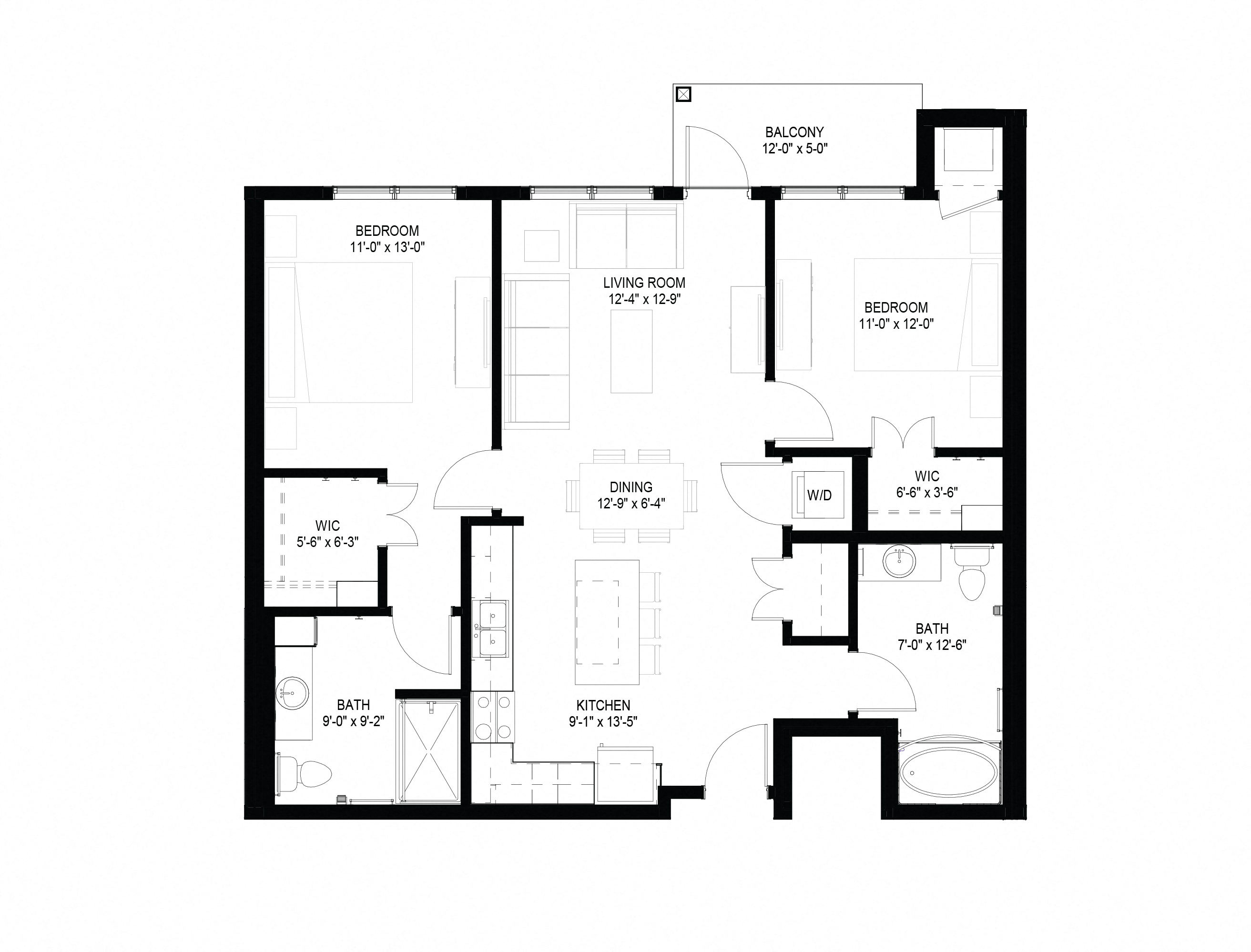 Floor plan for 2 beds, 2 baths, 1098 sqft