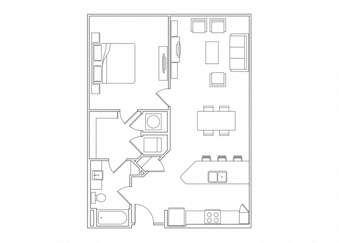 Floor plan for 1 bed, 1 bath, 883 sqft