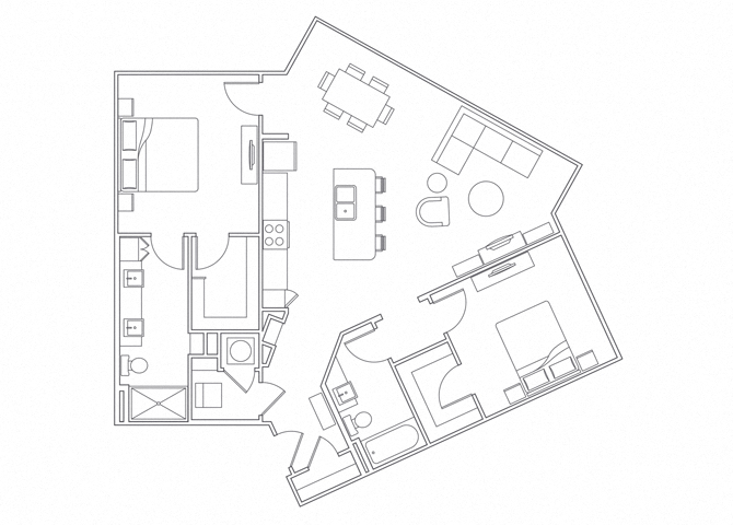 Floor plan for 2 beds, 2 baths, 1249 sqft