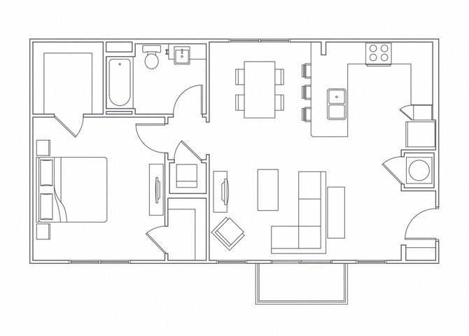 Floor plan for 1 bed, 1 bath, 877 sqft